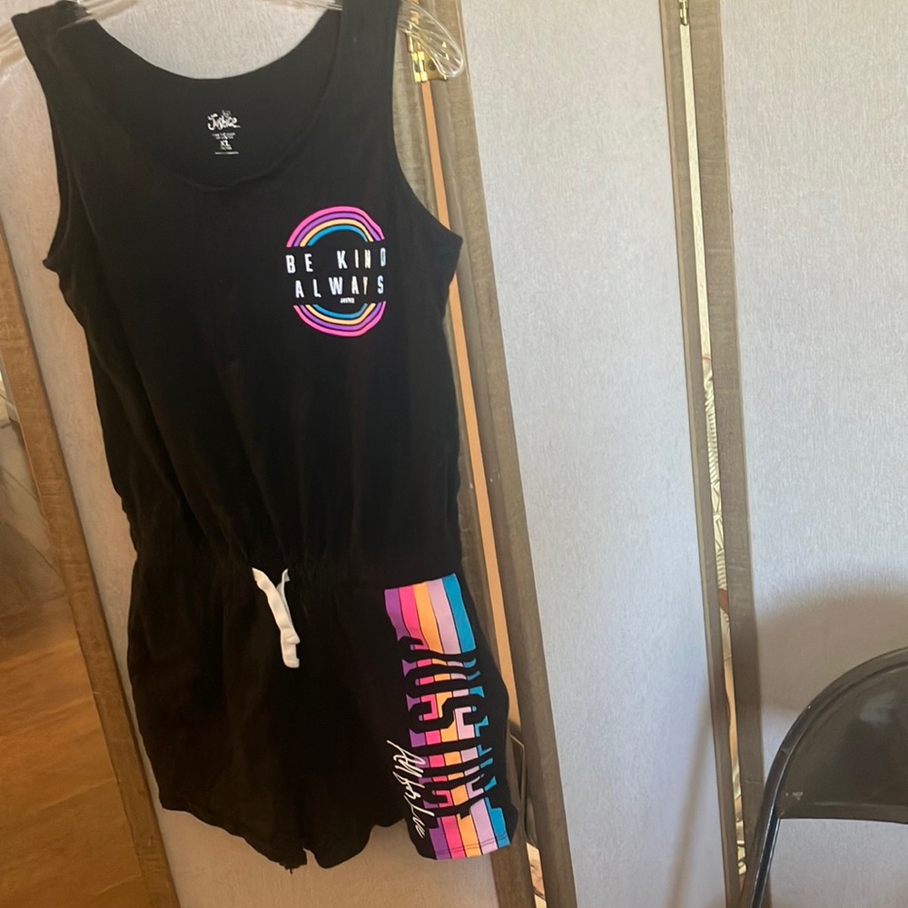FINAL MARKDOWN Girls justice Black Tank Romper with Rainbow Accents xl